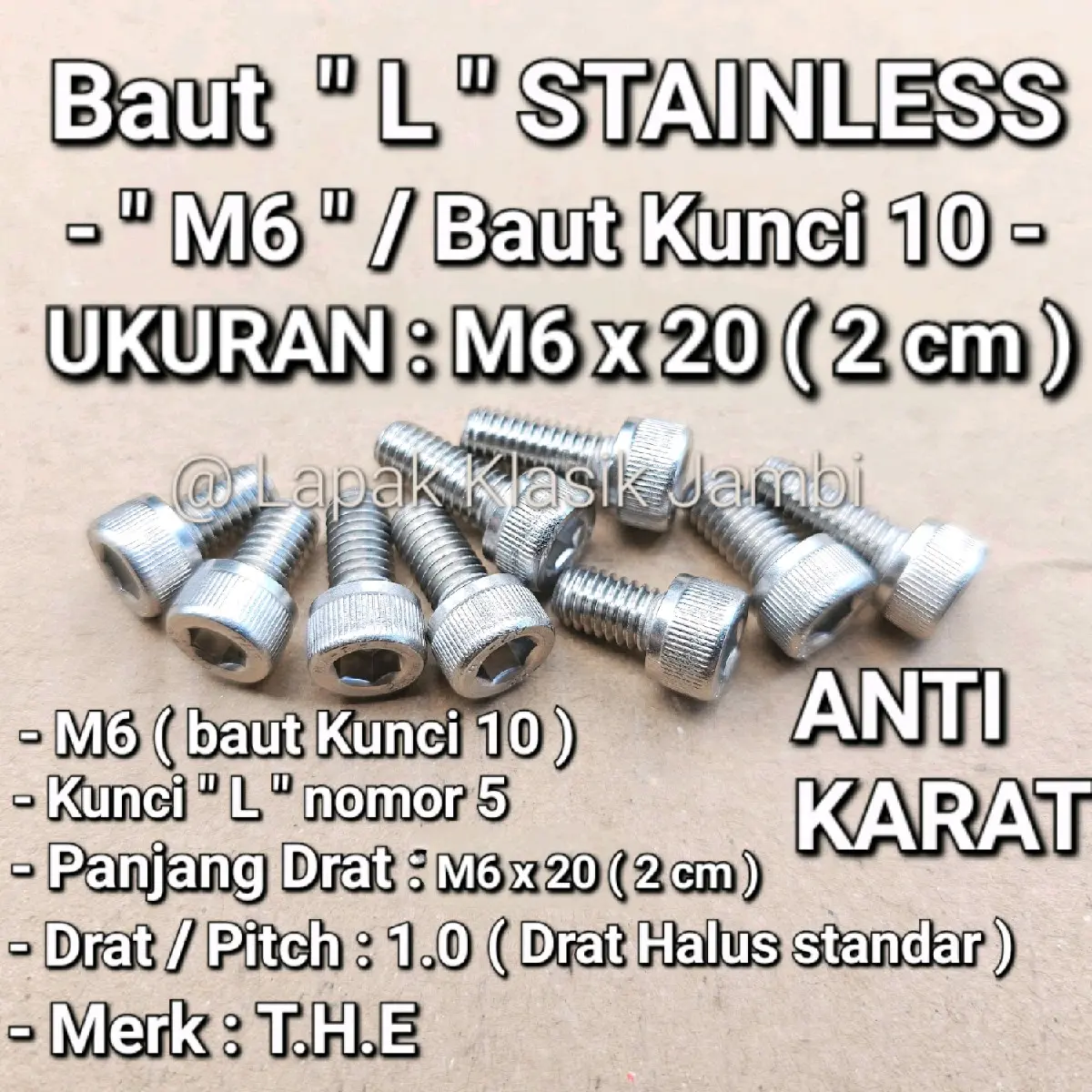 Baut L Stainless M6 x 20 ( 2 cm ) Baut Kunci 10 Stainless 304 THE A2-70