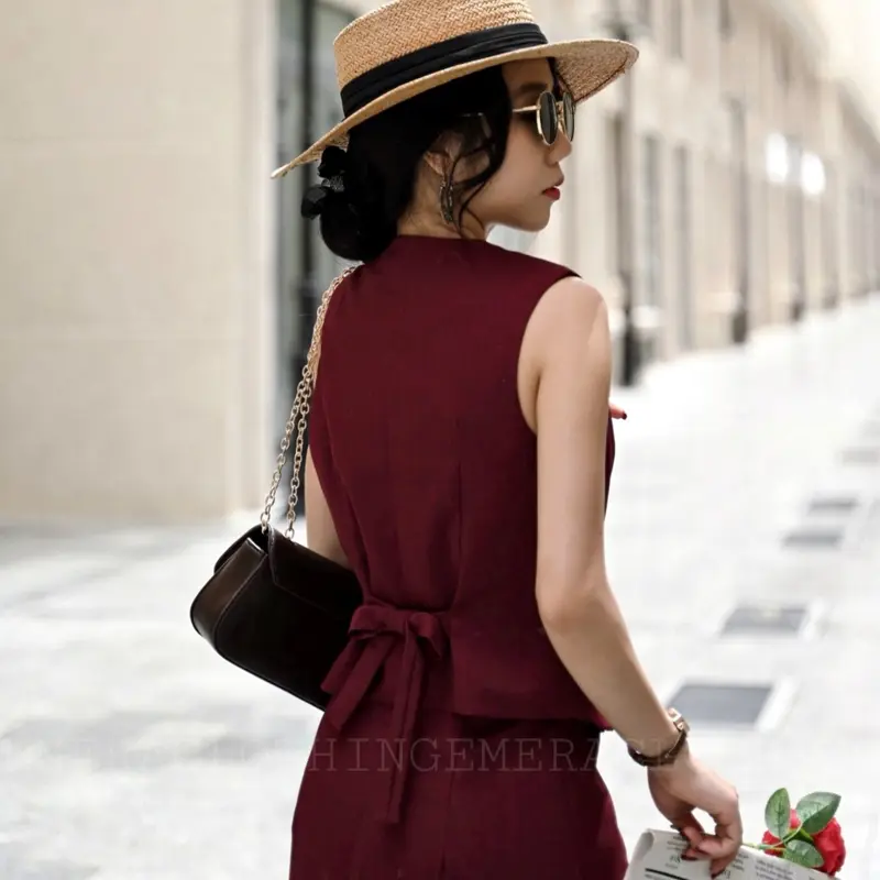 Set thiết kế váy áo Amelia Đỏ Đô- áo croptop gile và chân váy dáng dài sang chảnh, thời thượng Nữ Women Kem Kaki vay 5
