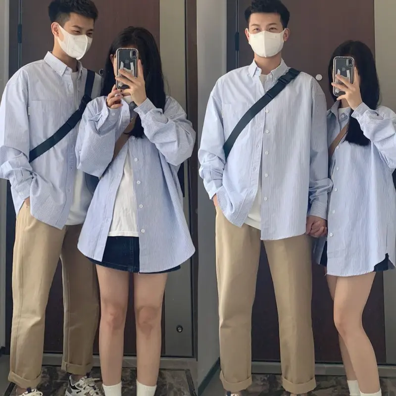 【áo sọc xanh】Áo sơ mi dài tay sọc trắng Xanh Biển Nhật Bản dành cho nam giới, áo sơ mi Hàn Quốc rộng rãi, xu hướng giản dị, áo khoác cặp đôi nữ, quần áo Trung Quốc, quần áo Xanh Biển nữ, áo sơ mi sọc 1