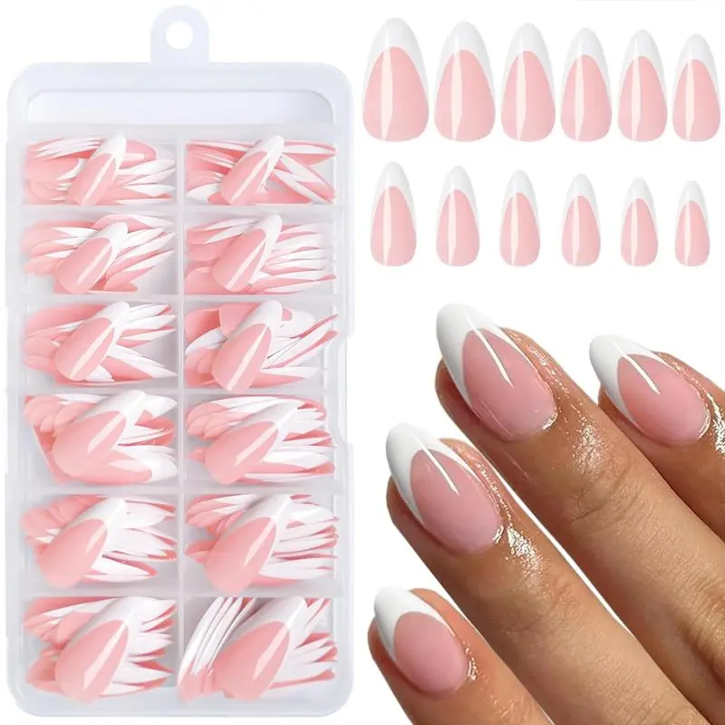 French Tip Press on Nails, 120pcs/set Glossy Nude Medium Almond Fake Nails, Press on Nail Acrylic Artificial False Nail Tips for Women