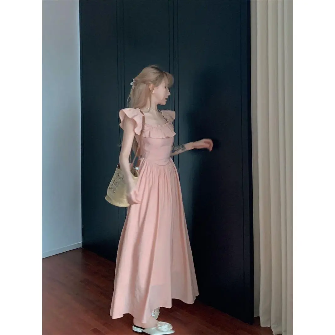 Elegant Gentle Style Square Neck Flutter Sleeve Ruffle Dress Summer New Sweet Waist Slimming A-line Elegant Gentle Style Square Neck Flutter Sleeve Ruffle Dress Summer New Sweet Waist Slimming A-line