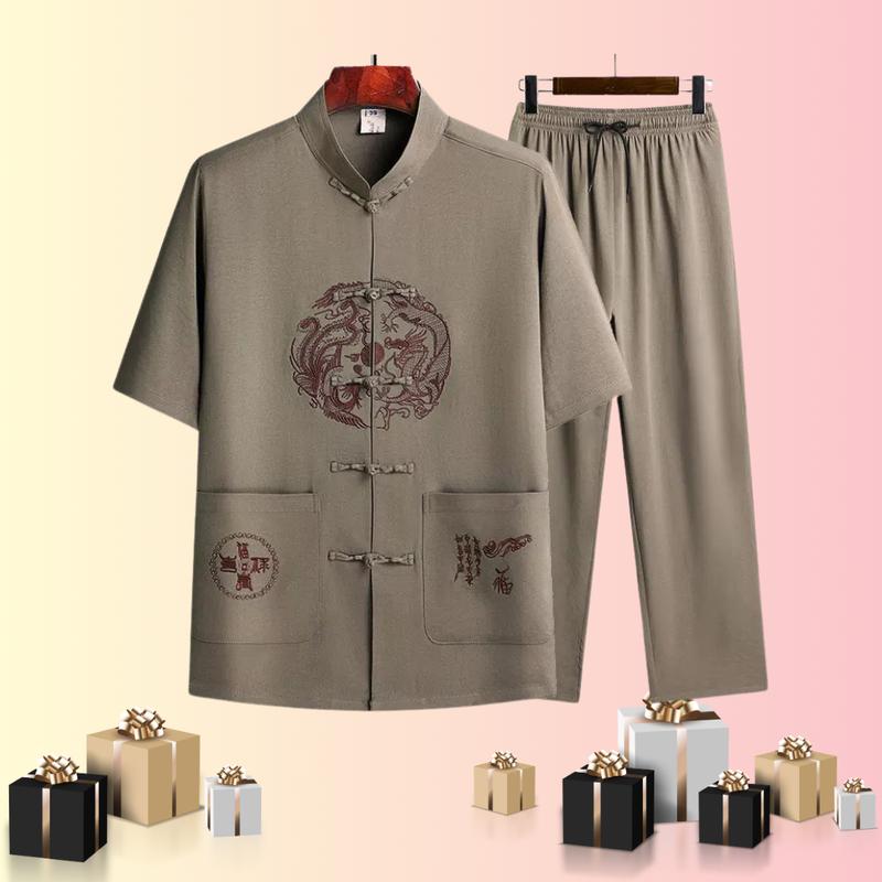 ( B2 )Trang Phục Thời Đường Bộ Đồ Nam Ngắn Tay Thêu Rồng sang trọng Cho Bố, tặng bố , ông ý nghĩa, mặc ở nhà, đi chơi, đi lễ, đi chùa Menswear Jacket bomac  dichua set  đồ set  đồ set  đồ Áo Polo