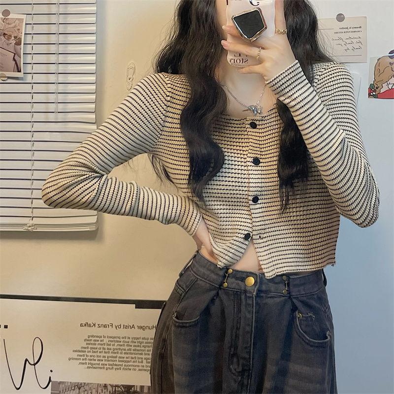 Áo Dệt Kim Mỏng Kẻ Sọc, Dành Cho Nữ, Thích Hợp Cho Mùa Thu / Mùa Đông