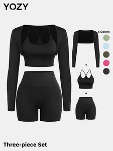 YOZY-GOOO Long Sleeve Crop Outwear & Ring Linked Cami Top & High Waist Stretchy Shorts Set/ Back To School Outfits, 2024 Women's Outfits for Daily, Yoga, Gym, Workout