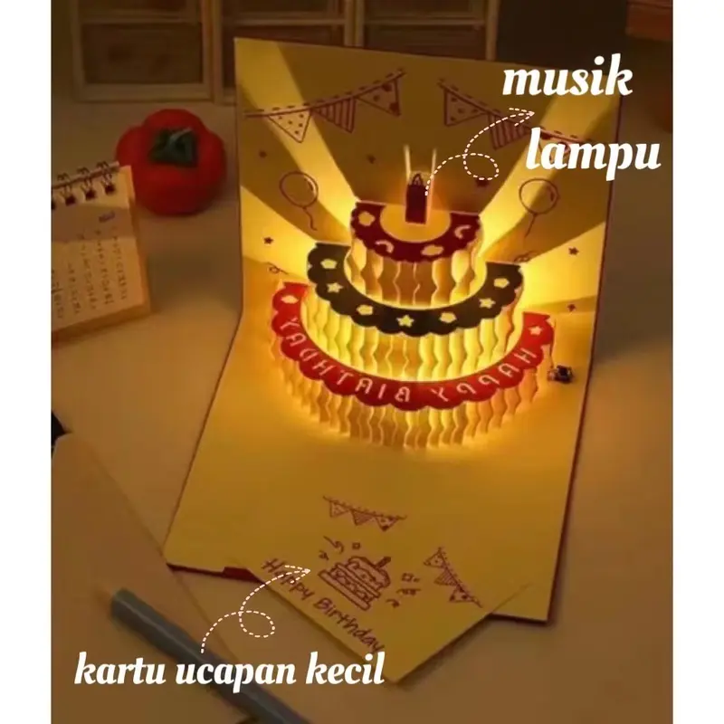 Kartu Ucapan Pop Up 3D Bentuk Kue Ulang Tahun Dengan Lampu + Musik Cards 3