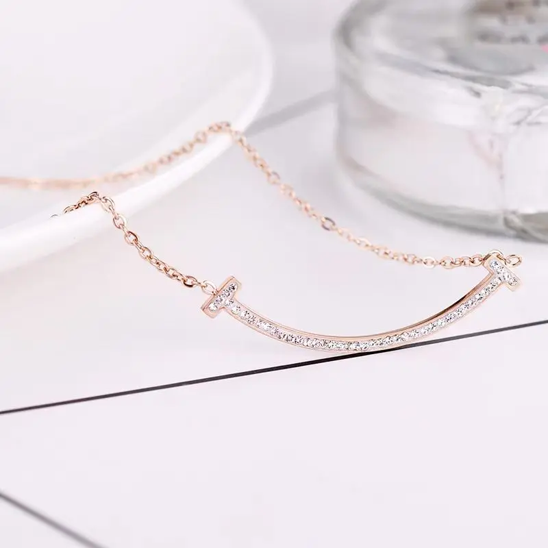 Kalung Titanium Rose Gold Anti Karat Liontin Smile Wanita Korean Style Fashion Aksesoris 3