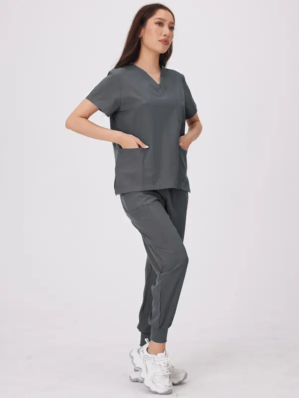Women's Solid Color V Neck Pocket Top & Pants Workwear Set, Casual Comfy Breathable Two-piece Set for Daily Wear, Women's Workwear for All Seasons 7