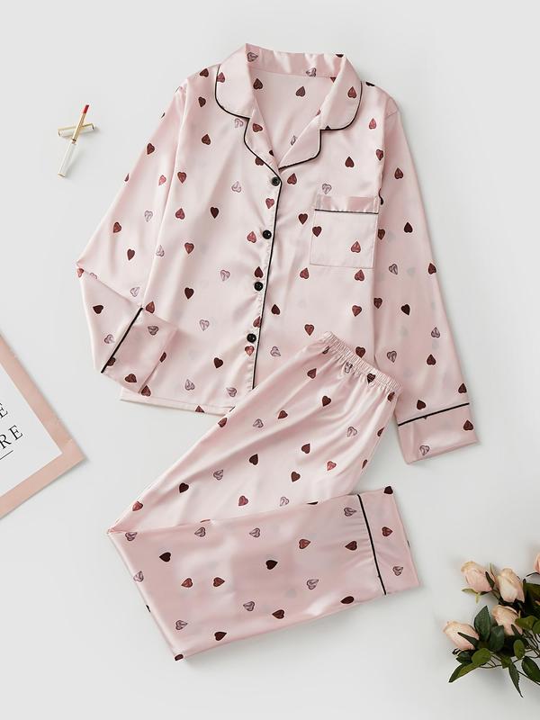 Women's Heart Print Satin Loungewear Set, Casual Lapel Button Front Shirt & Trousers Pajama Set, Valentine's Day Gift, Women's Sleepwear, Womenswear, Winter Co Ord Sets Valentine's Day, Two Piece Set Women 1