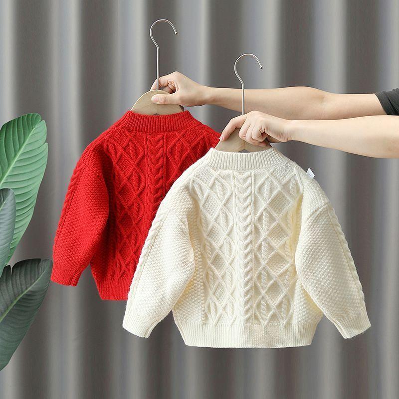 Áo Len Trẻ Em, Phong Cách Hàn Quốc, Áo Len Thu Đông, Thiết Kế Xoắn Màu Đỏ, Thời Trang, Thích Hợp Cho Em Bé, Quần Áo Năm Mới, Áo Chui Đầu, Hàng Mới Về 1