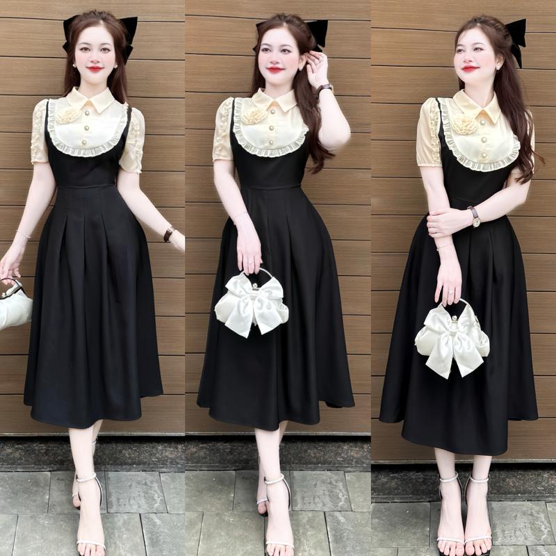 FREESHIP B8- Đầm Thiết kế phối dáng dài kèm HOA thiết kế thủ công cao cấp Thanh lịch ,đi làm đi tiệc đi chơi vải Cotton lạnh mềm mịn. Đủ size SMLXL Mijustore Women Kem Dress Nữ Màu Đen