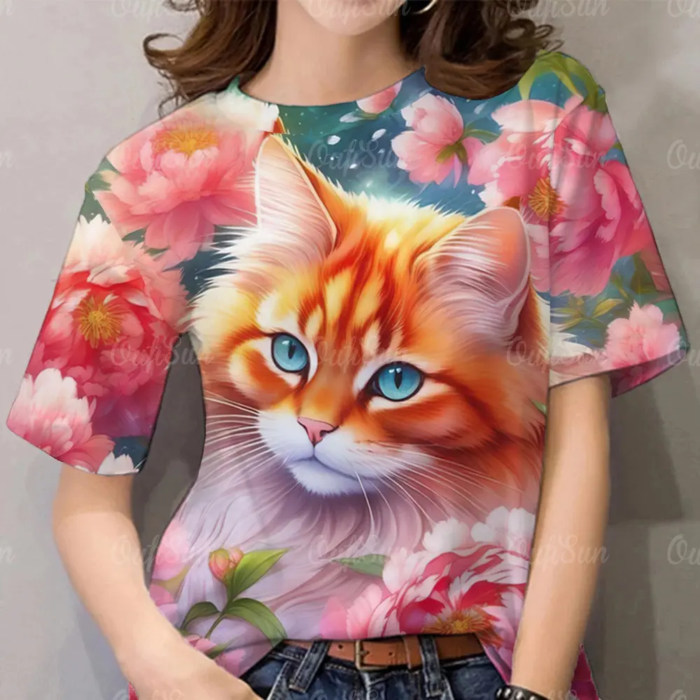 เสื้อยืดพิมพ์ลายการ์ตูนแมว สำหรับผู้หญิง SS24 สไตล์สตรีท แขนยาว ลำลอง แขนสั้น Clothing Women Tshirt