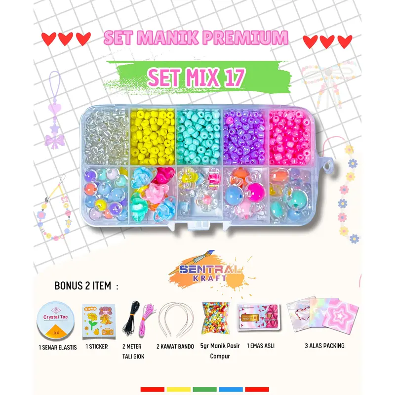 Set Manik Premium Mix 17 isi 10 Sekat Manik Pasir + Toping + Grid Box + Bonus 0