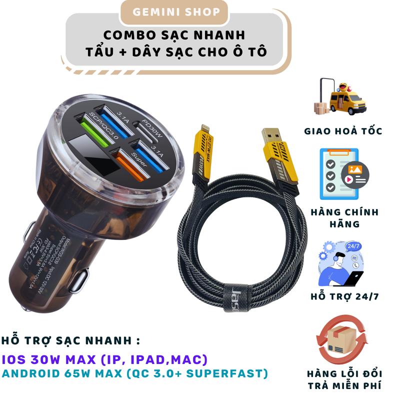 Combo Tẩu Sạc Nhanh và Dây sạc nhanh 65W 4 in 1 dành cho ô tô, xe tải, xe máy . Tẩu sạc công suất max 65W và đây sạc bọc dù chống gẫy cao cấp độ dài 2 Mét Phụ Kiện