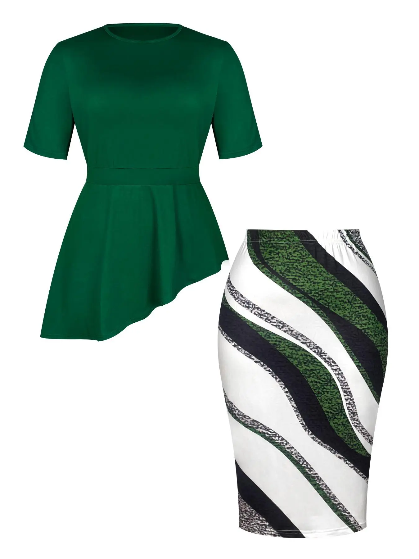 Plus Size Two-piece Set Asymmetrical Hem Tee & Wave Striped Print Bodycon Skirt Set, Elegant Fashion Round Neck Short Sleeve Top & Elastic Waist Skirt for Daily Outdoor Wear, Women Plus Clothing for All Seasons