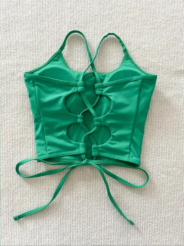 Women's Solid Criss Cross Lace Up Tie Back Crop Sports Vest, Sporty Breathable Comfortable Sleeveless Crop Top for Yoga Gym Workout, Ladies Sportswear for All Seasons 2