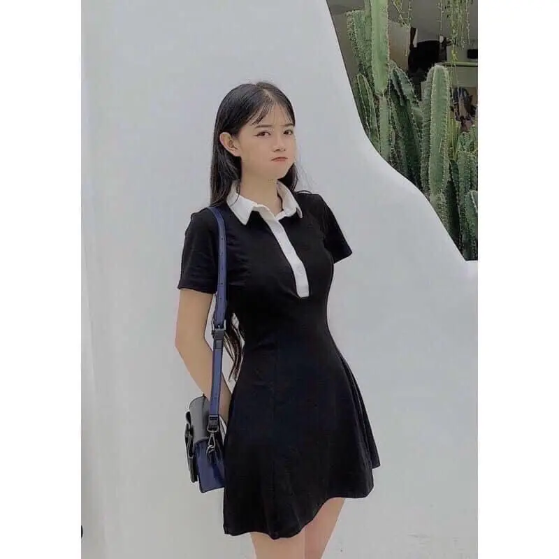 Đầm Polo Nữ Đen Dáng Ôm  Váy Nữ Cổ Phối Chất Borip Dáng ngắn