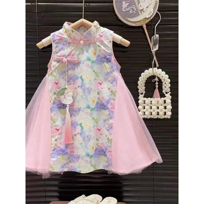 Dress Anak Perempuan Import Model Cheongsam Bunga Rabbit Brokat Tutu Kerah Tinggi Fashionable 3