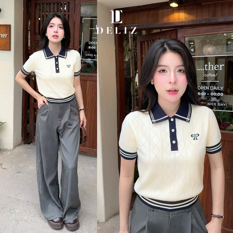 DELIZ - BST MỚI - Áo len dáng ngắn cổ polo cách điệu dệt cải tiến họa tiết thêu nơ thiết kế cao cấp - PL22