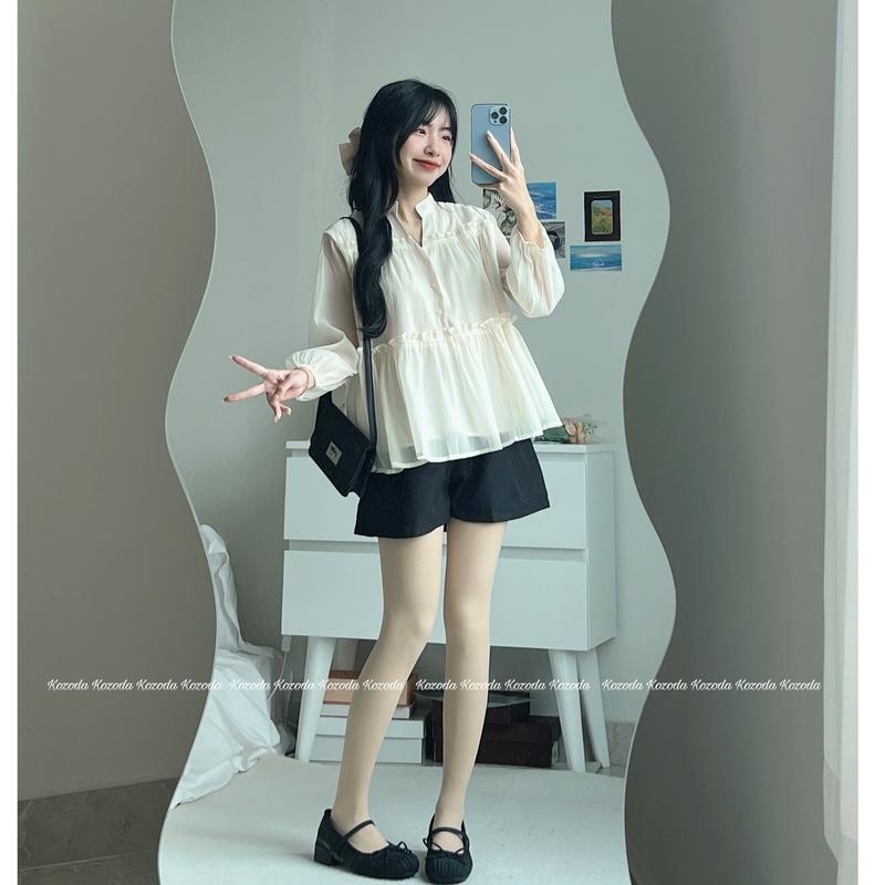 XẢ KHO NGHỈ BÁN Set Áo kiểu nữ sơ mi kèm quần babydoll voan tơ mềm hai lớp Hàn Quốc Kozoda S66b Kem Women