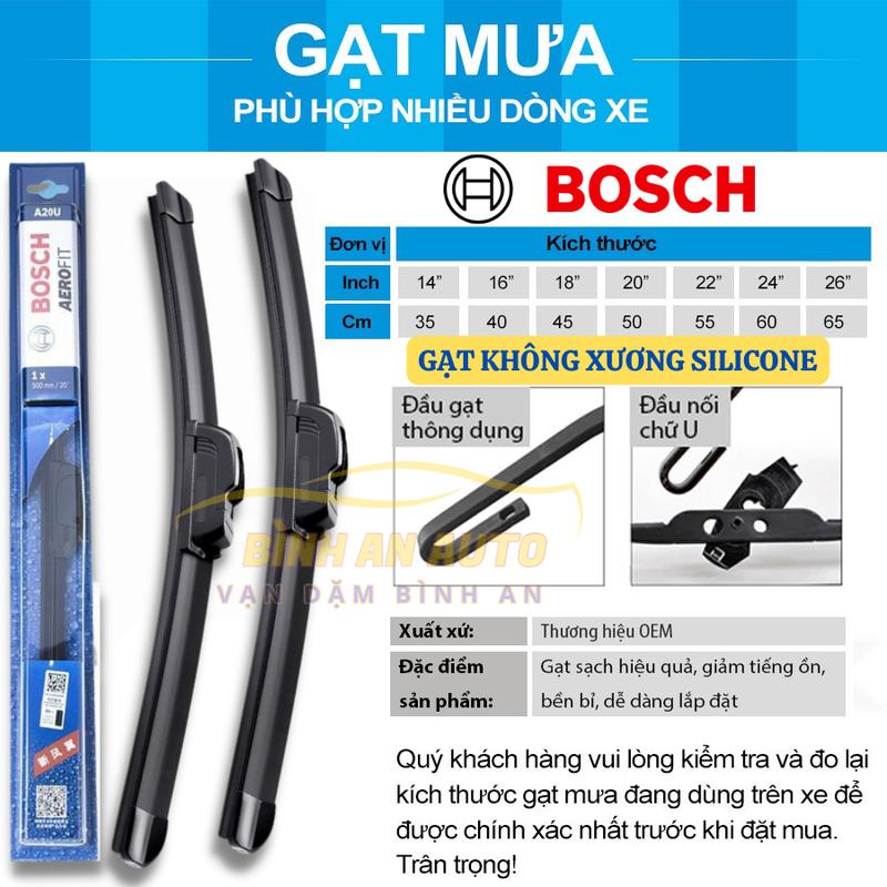 Cần gạt mưa HYUNDAI I10, I20, I30 Loại BOSCH AEROFIT không xương Silicone, loại BOSCH ECOPLUS thân cứng xương sắt Cao Su Phụ Tùng 1