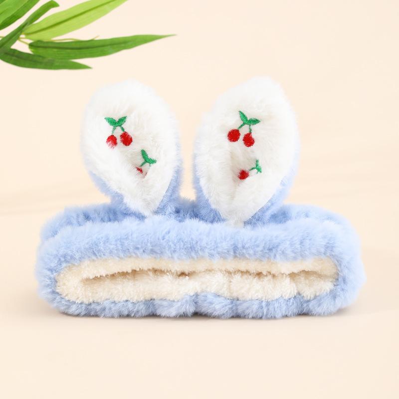 Product Introduction of Autumn and Winter New Rabbit Plush Embroidery Cherry Color Matching Hair Band Coral Velvet Cute Cartoon Face Wash Makeup Application 2