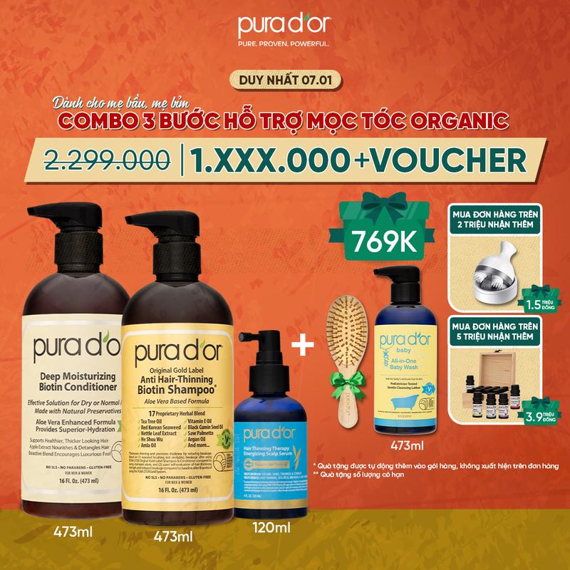 [Mega Livestream] [DÀNH CHO MẸ BẦU MẸ BỈM] Combo 3 Bước Dầu Gội, Dầu Xả, Giảm Rụng Tóc Organic Pura D'or Biotin Gold Label 236ML/473ML | Chăm Sóc Tóc, Chăm Sóc Da Đầu, Dưỡng Tóc, Hỗ Trợ Mọc Tóc