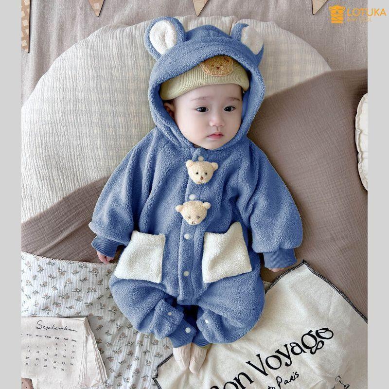 Bodysuit Liền Mũ Lông Cừu Siêu Mịn 2 Mặt Ấm Áp Cho Bé, Bộ Đồ Liền Thân Đính Gấu LOTUKA Cho Bé Trai Bé Gái, Quần Áo Trẻ Em Voi
