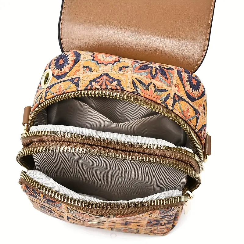 Women'S Stylish Geometric Print Shoulder Bag - Brown with Vibrant Floral & Star Design, Zipper Closure, Lightweight, Large Capacity, Perfect for Casual & Formal Occasions, Casual Shoulder Bag | Vibrant Print Bag | Durable Zipper Closure, La 5