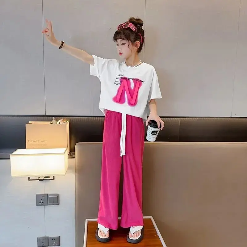 Bộ Đồ Mùa Hè Cho Bé Gái, Thời Trang Trẻ Em Mới, ngắn Tay, Cỡ Trung Bình Và Lớn, Bộ Đồ Hai Mảnh, Phong Cách Thường Ngày Quần Ống Rộng, Bán Chạy Trên Internet, Thời Trang 5