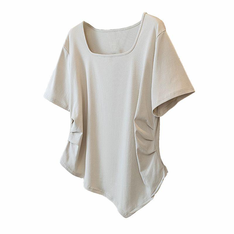 Product Introduction of Quần Áo Nữ Cotton ngoại Cỡ Ins-2024-Ins, Áo Thun Ngắn Tay Dáng Rộng Và Bất Đối Xứng Mùa Hè Cho Cô Gái Đầy Đặn Áo Dài Qua Gối Cổ Vuông Mới OOTD 11