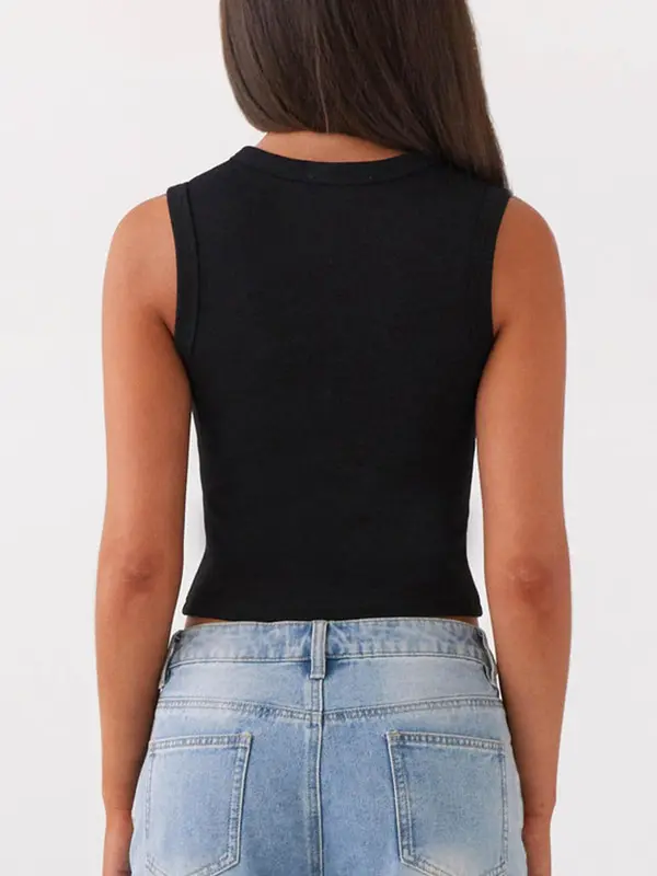 Women's Solid Color Front Buckle Crop Vest, Casual Sleeveless Ribbed Crop Top for Summer Daily Wear, Ladies Clothes for All Seasons 1
