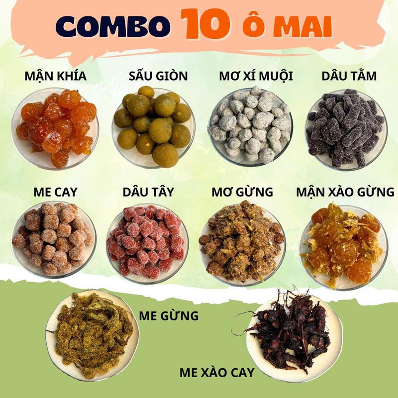 COMBO 10 VỊ Ô MAI - Sấu Giòn, Mận Khía, Mơ Xí Muội, Dâu Tằm, Me Cay, Dâu Tây, Mơ Gừng, Mận Xào Gừng, Me Gừng, Me Xào Cay - Minh Nguyệt Foods Ăn Vặt Chua -TẾT