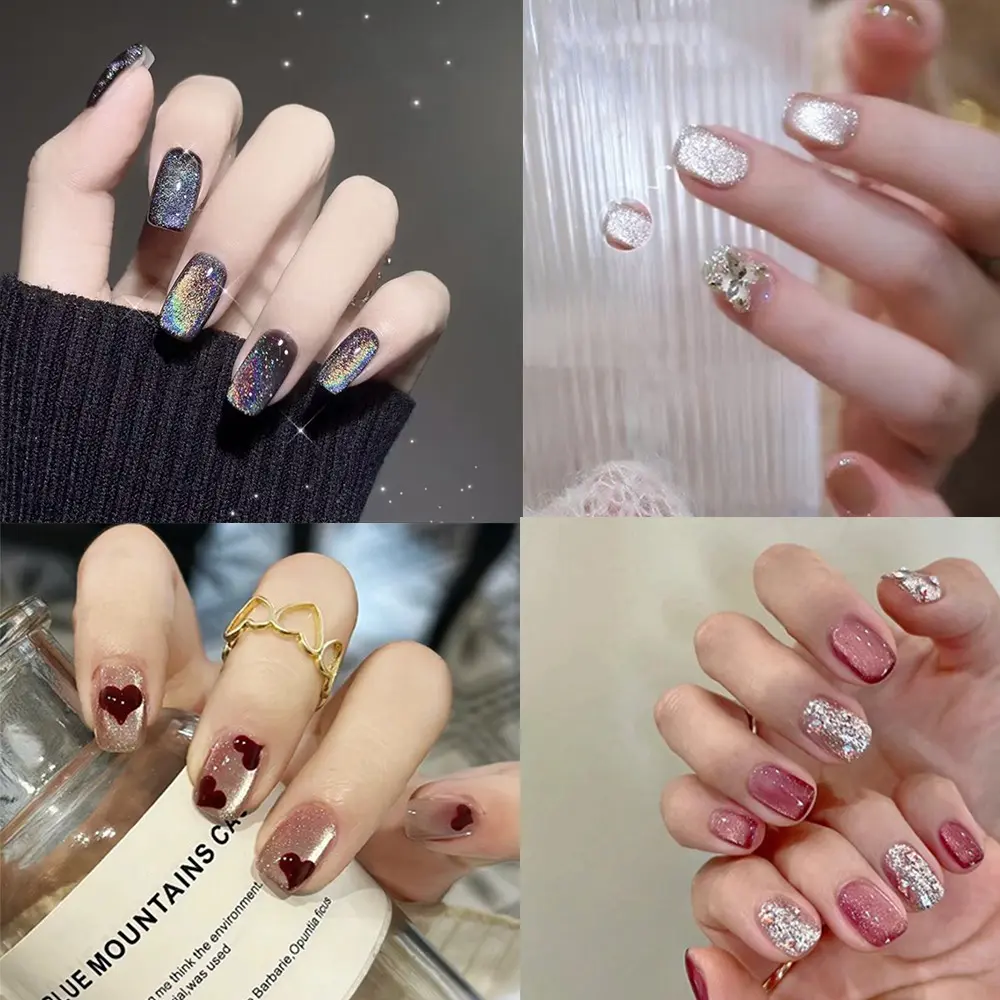 Fashion Cat's Eye French Fake Nails Wearable Manicure Square Shape Press on Nails Full Cover Valentine's Day False Nail Girl