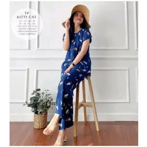 Pajamas Celana Panjang Lengan Pendek Musim Panas Baju Rayon Premium Adem Motif Tidur Setelan Dewasa Wanita dengan Saku Samping