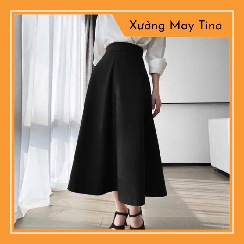 Chân váy dáng xoè dài qua gối có khoá kéo cạp cao to ôm eo gọn dáng Nữ