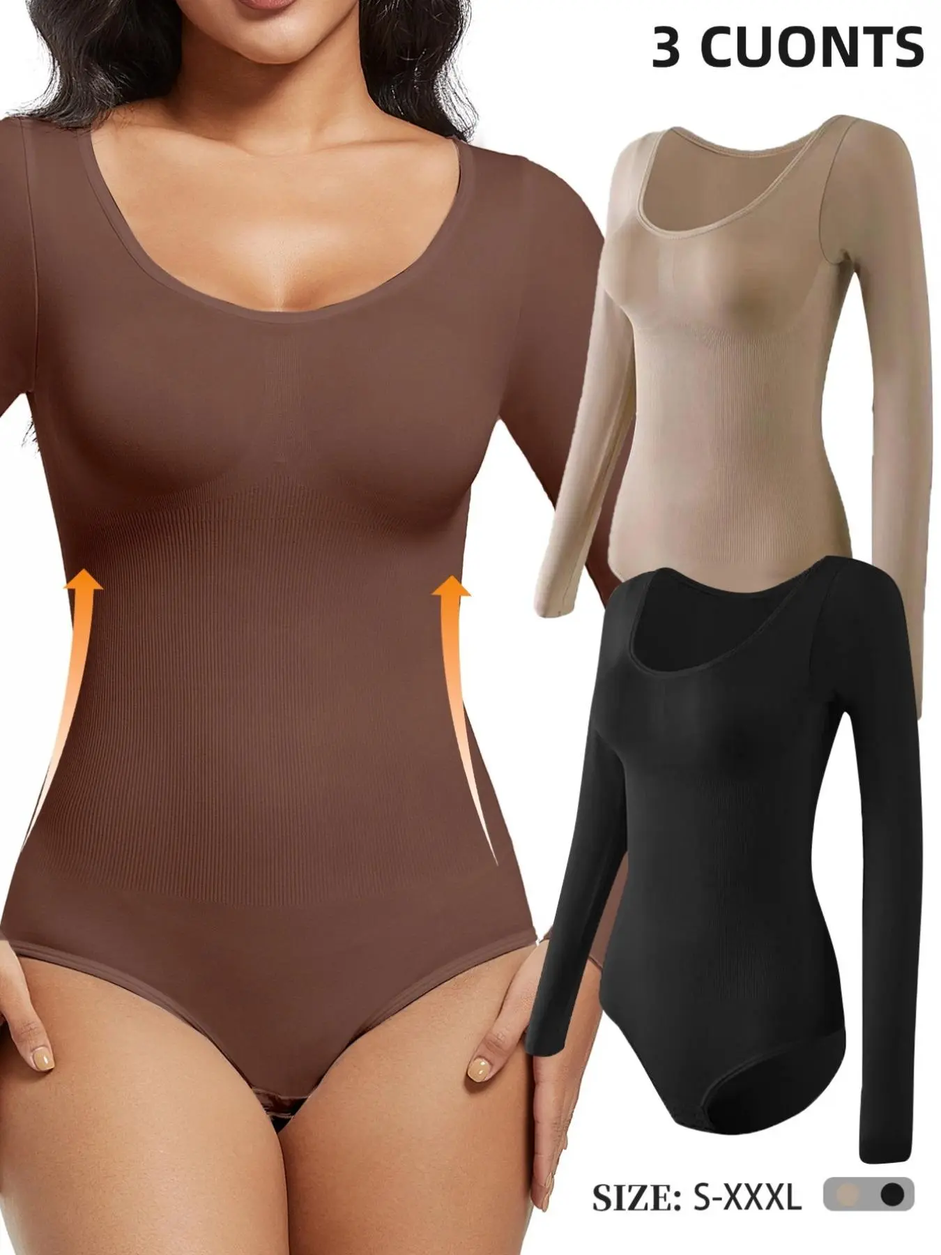 Women's Solid Scoop Neck Long Sleeve Shapewear Bodysuit, High Stretch Tummy Control Butt Lift Shaper, Ladies Shapewear for All Seasons