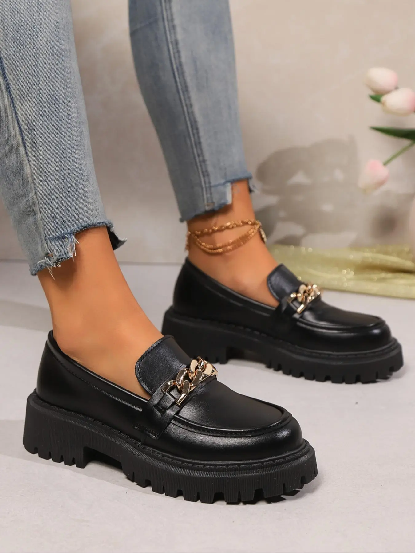 Women's Fashionable Solid Color Platform Loafers, Casual Comfortable Round Toe Slip on Shoes for Daily Wear, Perfect for Office Work and Business Casual, Girl