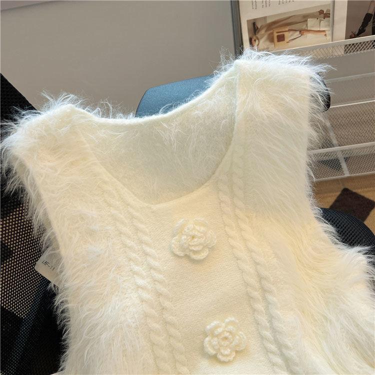 Áo Vest Dệt Kim, Phong Cách Cổ Điển OOTD, Khâu 2024, Dành Cho Nữ, Ngắn, Thích Hợp Cho Mùa Thu Và Mùa Đông, Có Thể Mặc Ngoài Trời, Váy Băng Quấn, Thiết Kế Hoa Ba Chiều Áo Len Dày Women Top 3