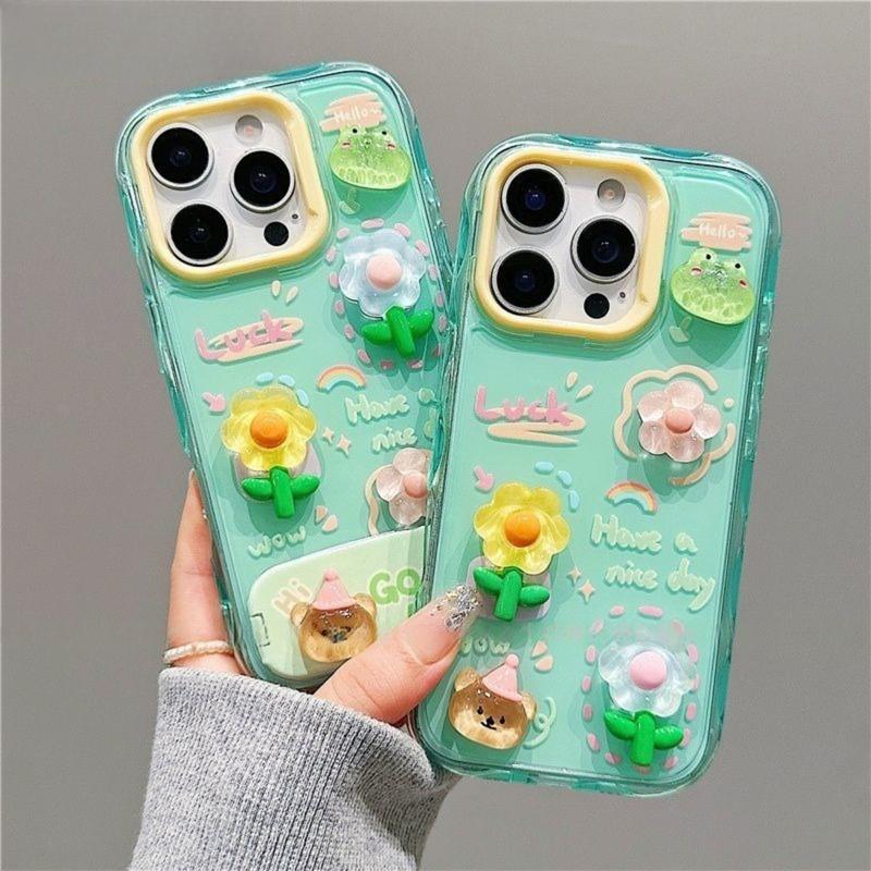 Ốp Điện Thoại, Búp Bê Gấu Hoa Ếch, Ốp Điện Thoại Cho iPhone 16, 15, 14, 13, 12, 11, Pro Max, Ốp Lưng Chống Sốc, Ốp Lưng Có Chân Đế Gập, Gương Nhỏ Và Vòng Đeo Tay