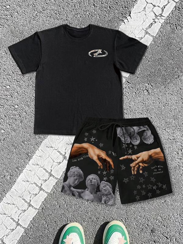 Men's Cartoon Print Tee & Tree Branch Print Shorts Two-Piece Set, Regular Fit Casual Street Short Sleeve T-Shirt & Shorts, Men's Summer Clothes 0