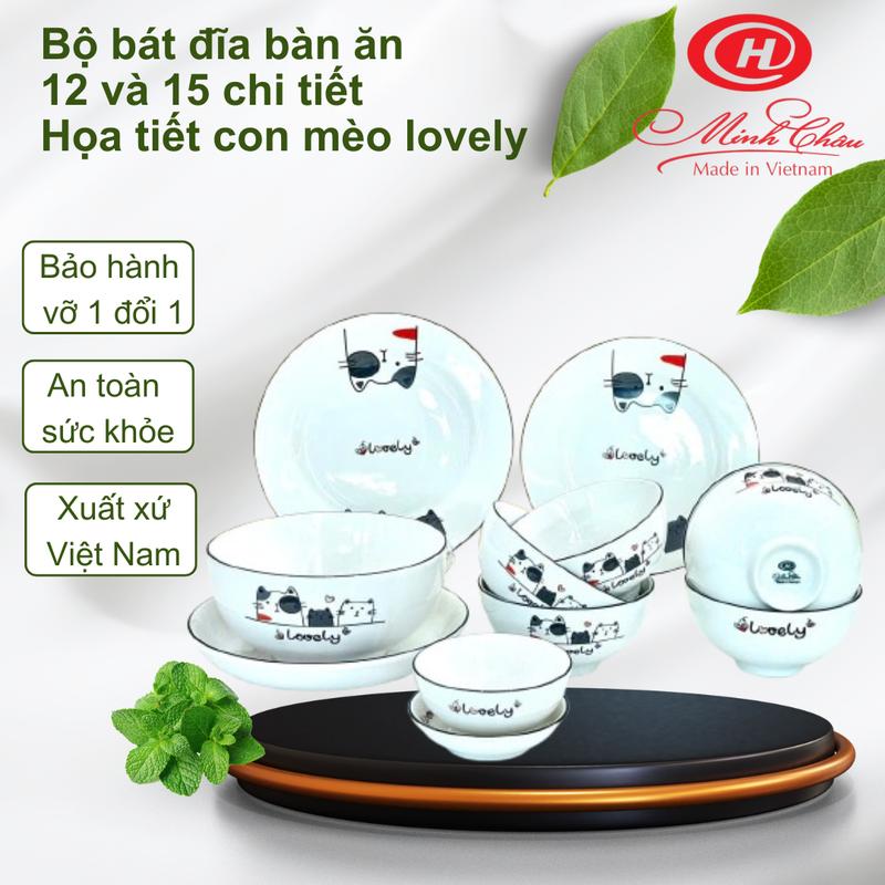 Bộ 12 và 15 sản phẩm chén bát đĩa tô họa tiết con mèo lovely dễ thương - Sứ Minh Châu cao cấp