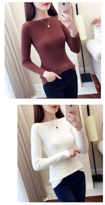 Product Introduction of Spring and Autumn Long Sleeve off Shoulder Top Knitted Bottoming Shirt Women's Underwear Slim Fit Slim Fashionable Sweater Fashionable Outerwear 4