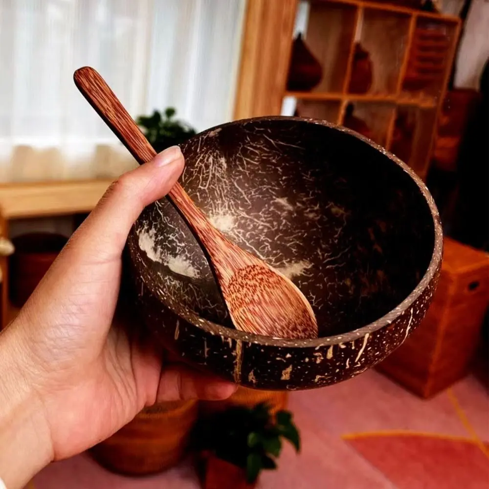 New Natural Coconut Bowls Wooden Reusable Serving Dishes Eating Tableware Coconut Shell Salad Bowl Breakfast