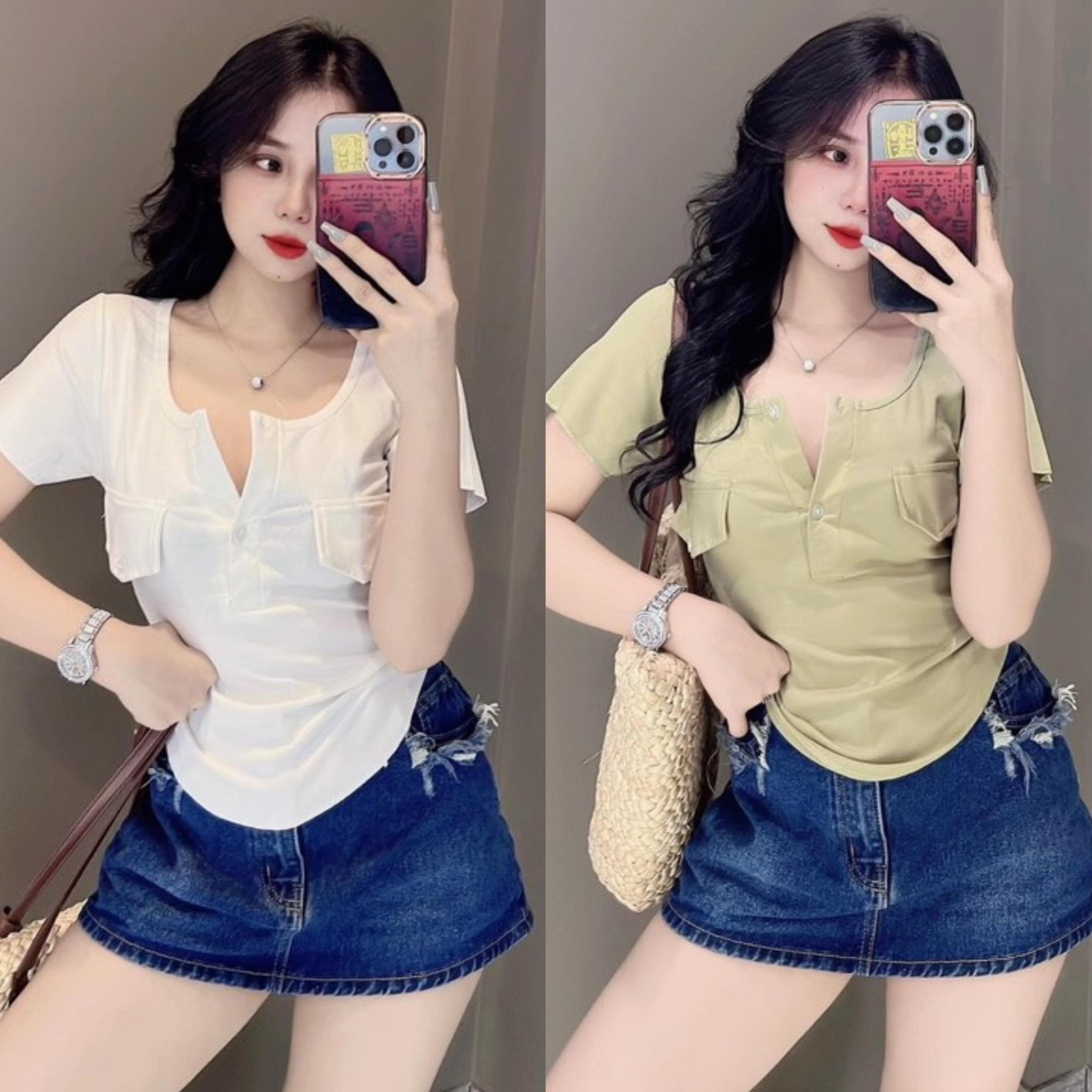 [Xả Kho] Áo Thun Cổ V Phối Túi Vải Thun Gân Tăm 45 - 90Kg Thời Trang Nữ Bigsize Sài Gòn Top Women - B.1367