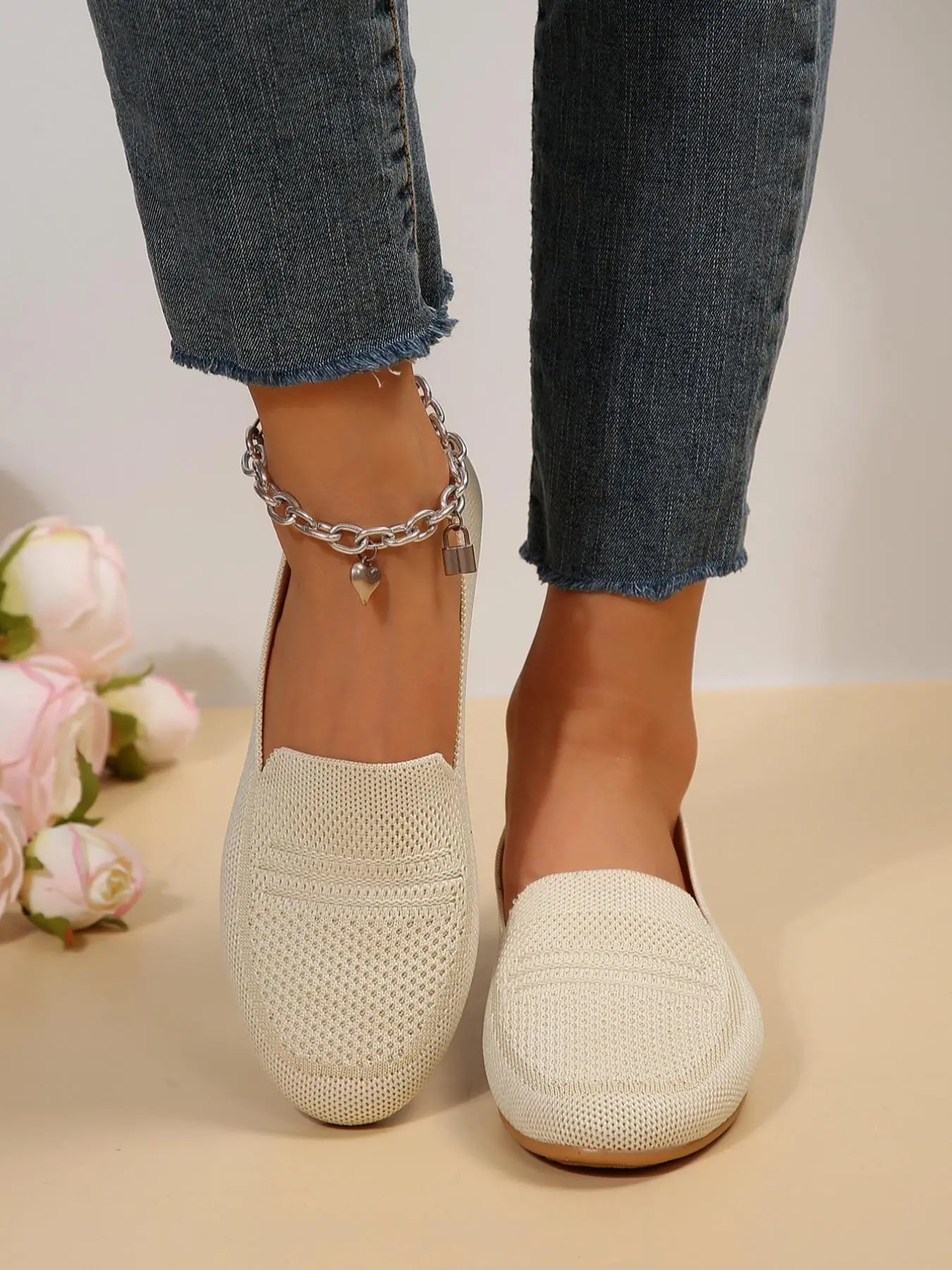 Women's Simple Solid Color Flat Shoes, Casual Comfortable Breathable Slip One Thin Shoes, Female Basic Textile Round Toe Shoes For Daily Wear