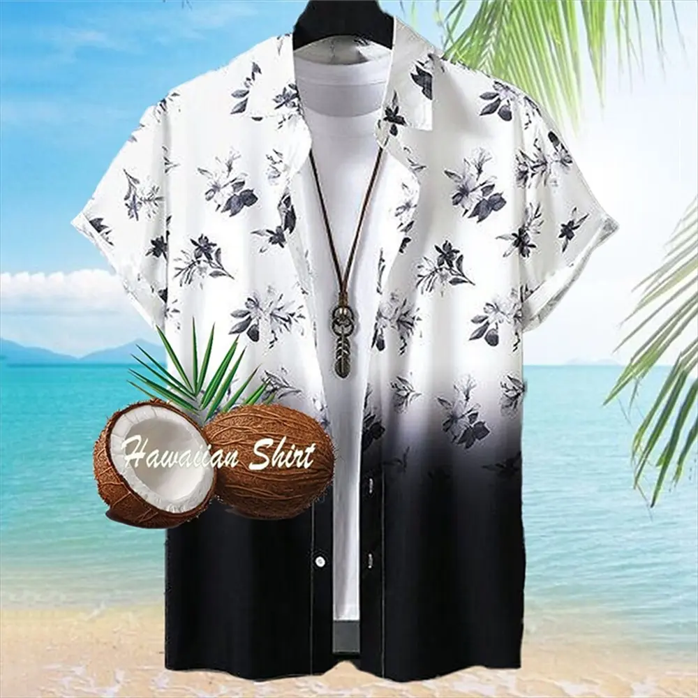 Hawaiian Men'S Shirt Coconut Tree Print Summer Men Clothing Loose Oversized-Shirt Daily Casual Short Sleeved Beach Party Top Tee