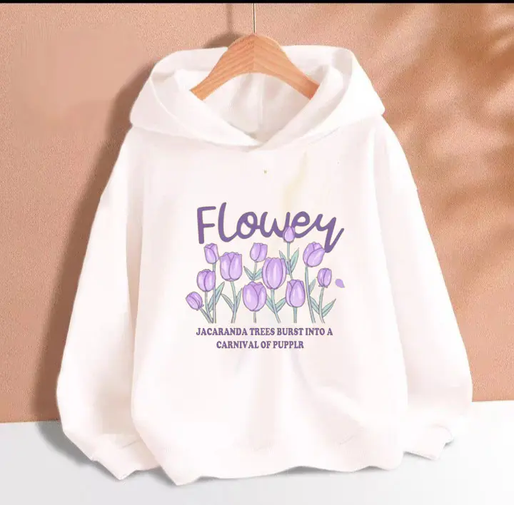 Áo hoodie hoa tím cho bé gái phom rộng chất nỉ size từ 9 đến 65kg