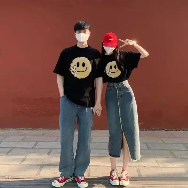 Smiley print crew neck tshirt WOMEN'S casual loose short sleeve tshirt