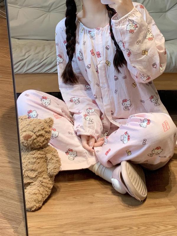 Bộ Đồ Ngủ Hello Kitty, Dành Cho Nữ, Thiết Kế Hoạt Hình Dễ Thương, PannoFluxus, Thích Hợp Cho Mùa Xuân Và Mùa Thu, Hàng Mới Về, Lý Tưởng Cho Sinh Viên Ký Túc Xá, Áo Dài Tay Và Quần Dài, Áo Mặc Bên Ngoài, Bộ Quần Áo Mặc Nhà 5