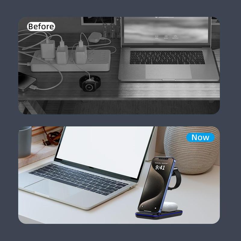 Product Introduction of 3 in 1 Wireless Charging Station, Portable Chargers with LED Light, 15W Fast Desk Charging Station, Wireless Charger Compatible with iPhone 16/15/14/13/12/11 Pro Max/X/XS Max/8/8 Plus, Smartphone Electronic Accessories 4